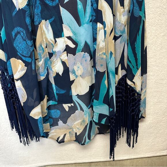 Zara Navy Blue & Blue Floral Print Fringe Cardigan Kimono Size L - Picture 3 of 9